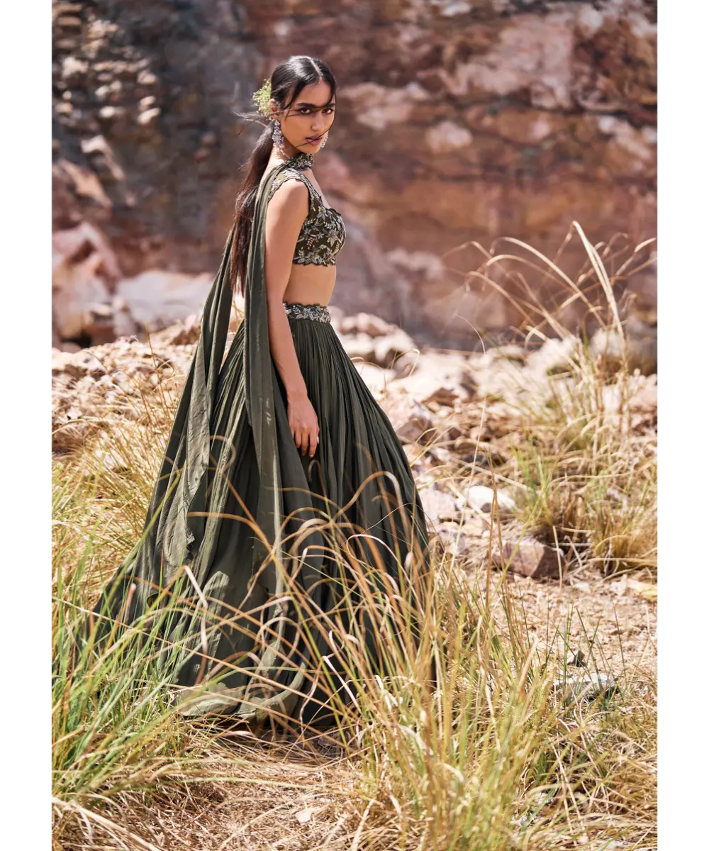 KALKI - Olive Green Ruched Lehenga With Blouse And Asymmetric Dupatta