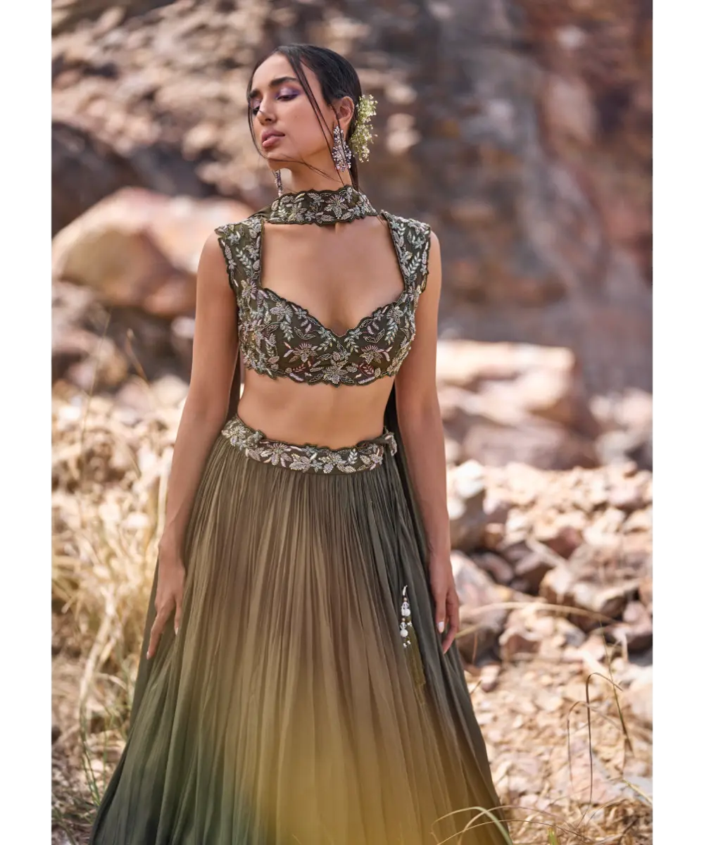 KALKI - Olive Green Ruched Lehenga With Blouse And Asymmetric Dupatta