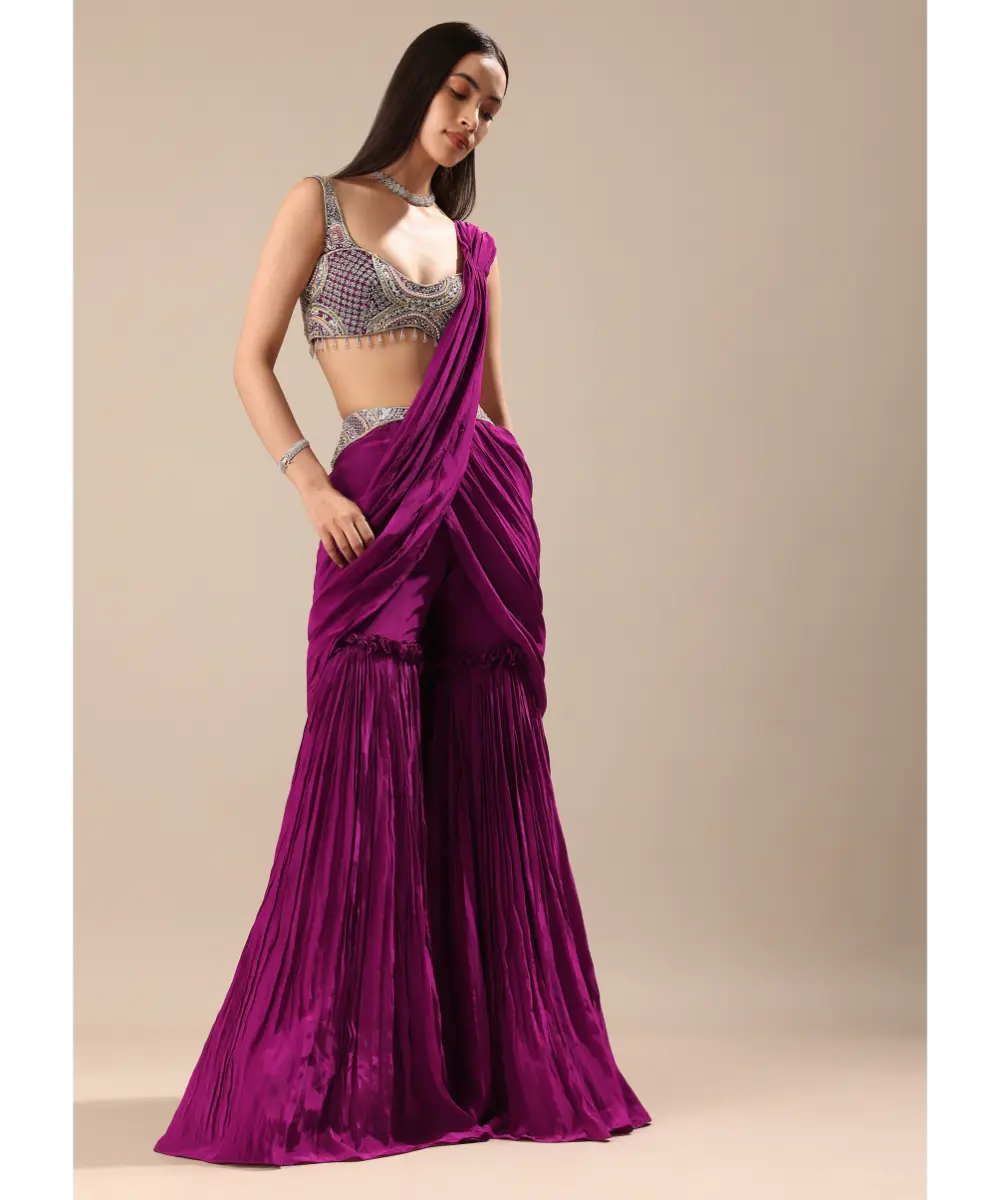 KALKI - Raspberry Frill Saree With Embroidered Blouse