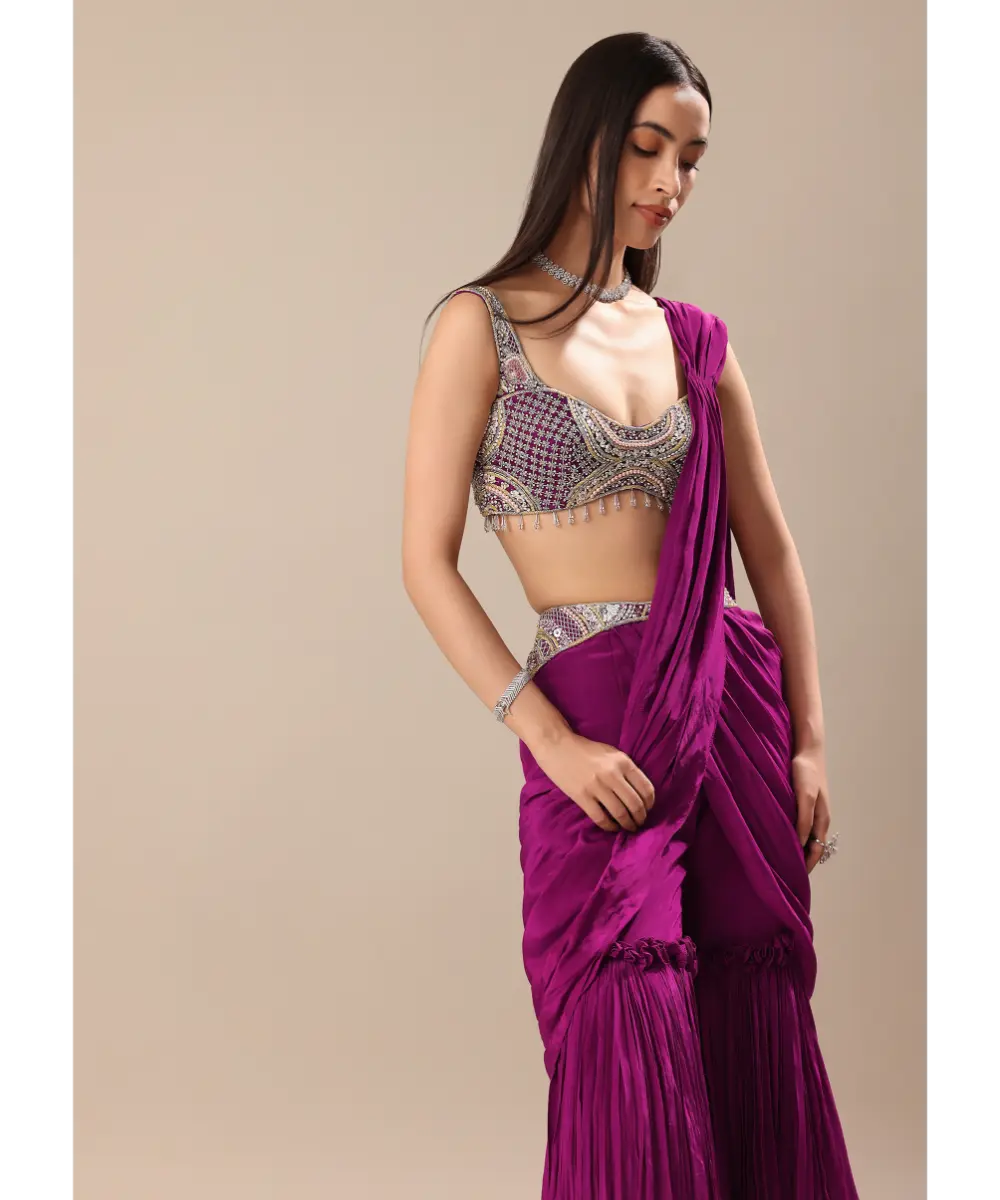 KALKI - Raspberry Frill Saree With Embroidered Blouse