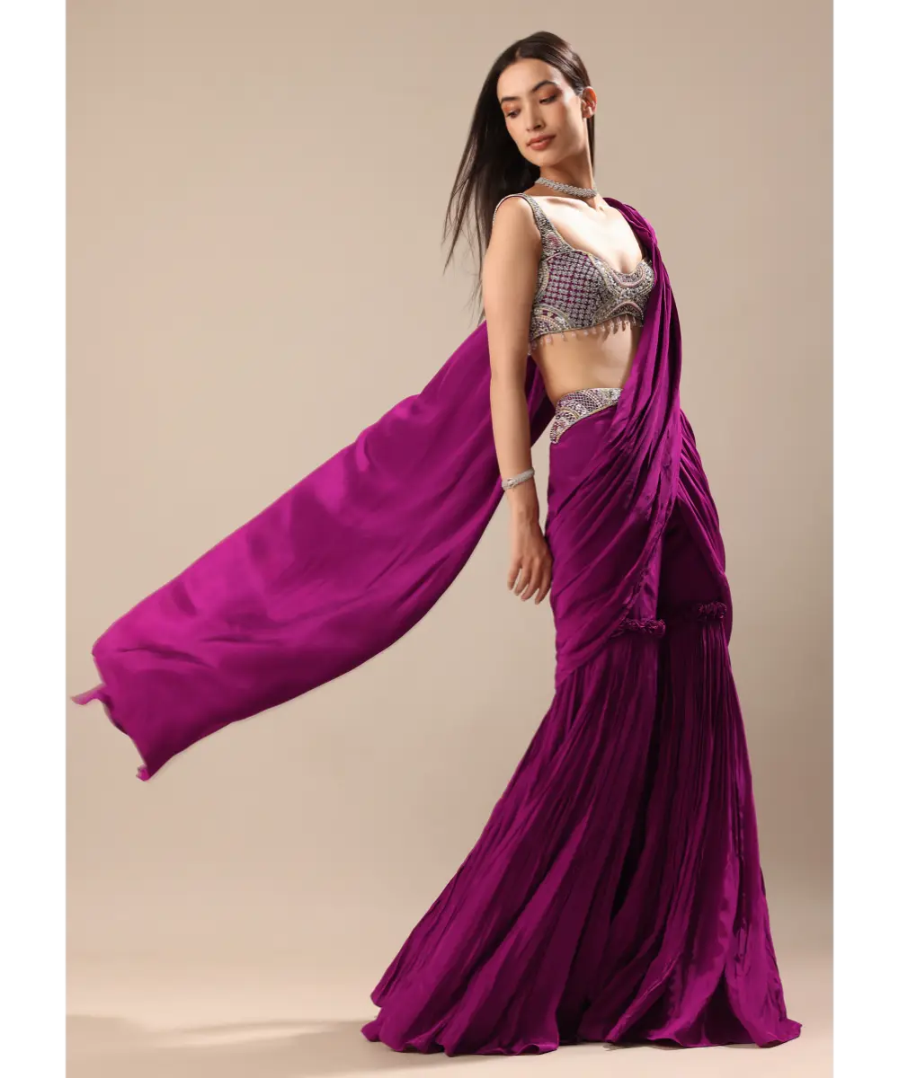 KALKI - Raspberry Frill Saree With Embroidered Blouse