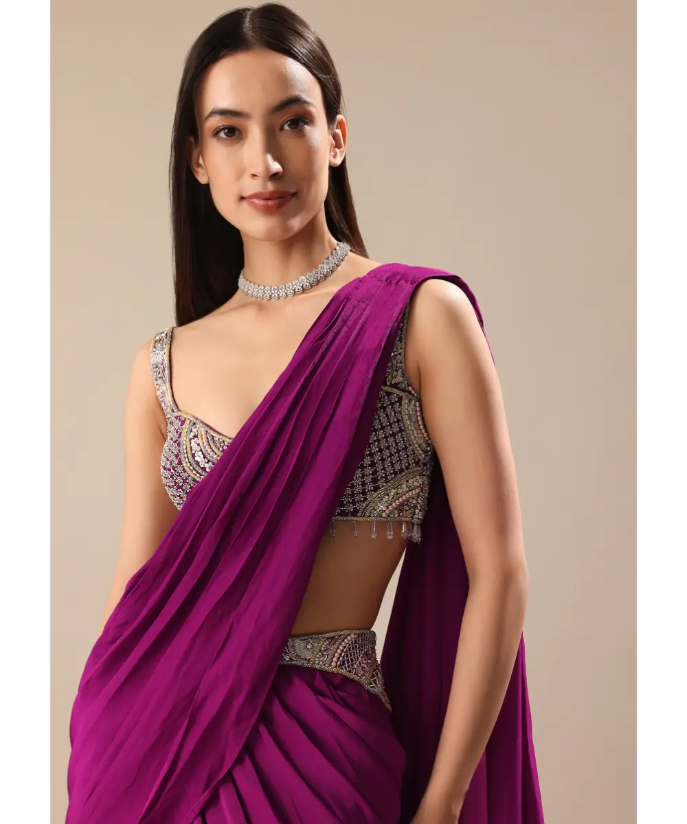 KALKI - Raspberry Frill Saree With Embroidered Blouse