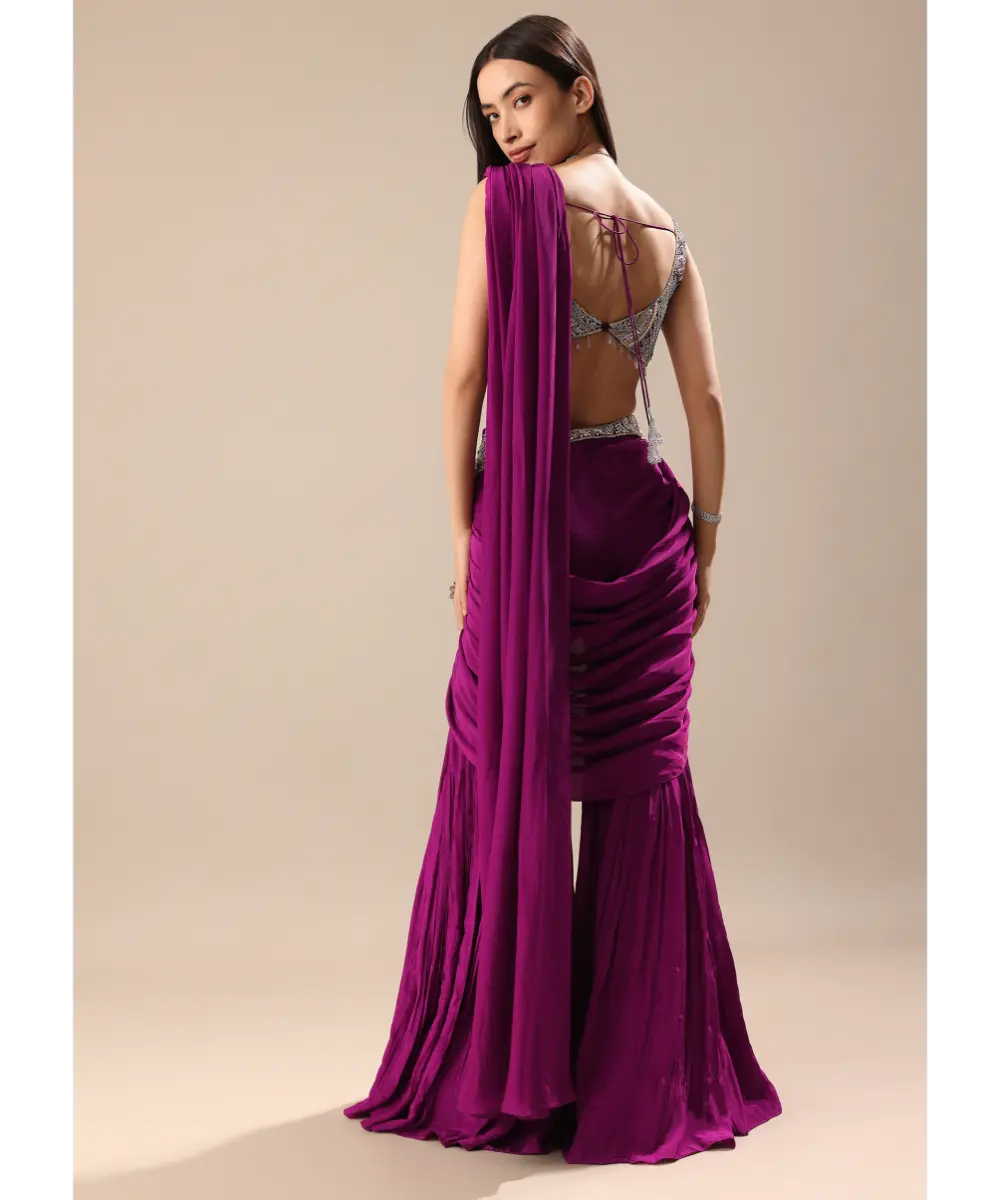 KALKI - Raspberry Frill Saree With Embroidered Blouse