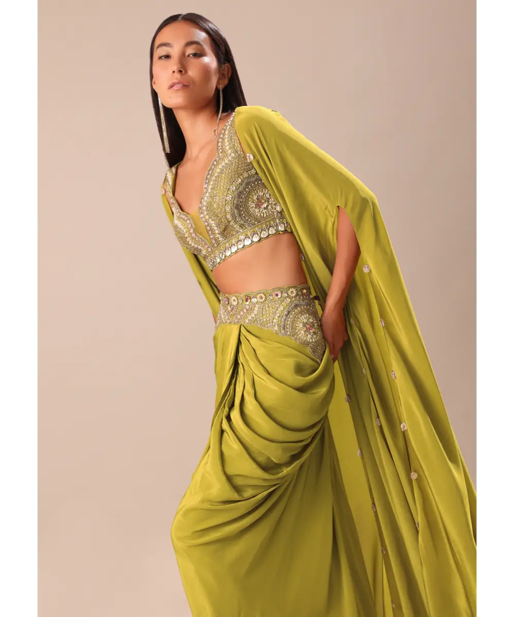 KALKI - Lime Green Dhoti With Embroidered Blouse And Cape