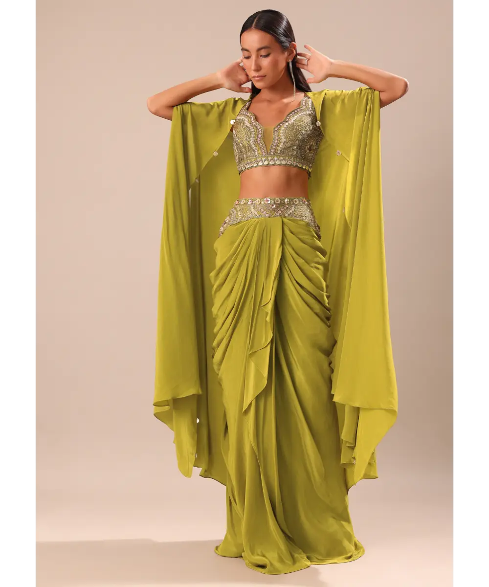 KALKI - Lime Green Dhoti With Embroidered Blouse And Cape