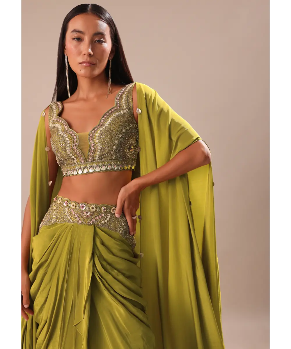 KALKI - Lime Green Dhoti With Embroidered Blouse And Cape