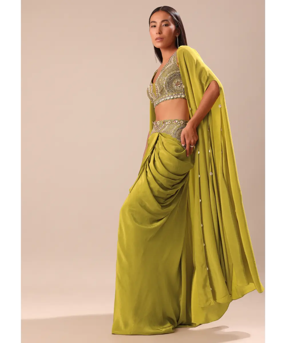 KALKI - Lime Green Dhoti With Embroidered Blouse And Cape
