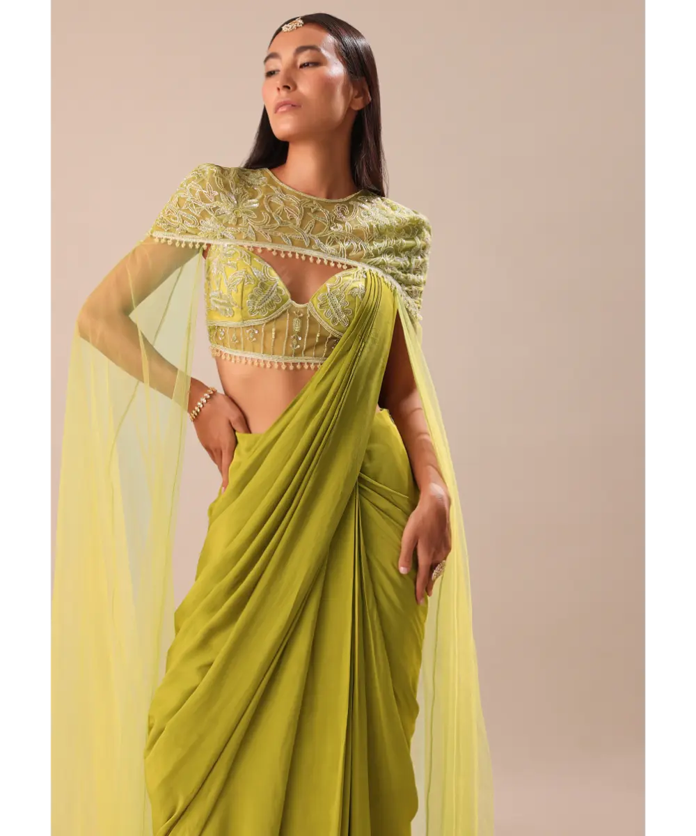 KALKI - Green Pre Stitched Saree With Blouse And Zardozi Draped Cape