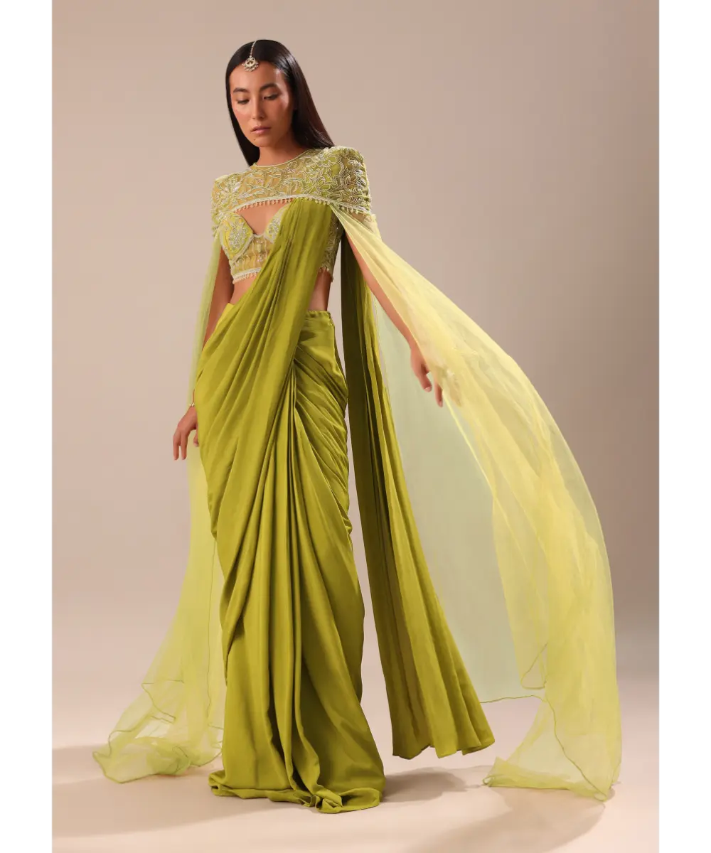 KALKI - Green Pre Stitched Saree With Blouse And Zardozi Draped Cape