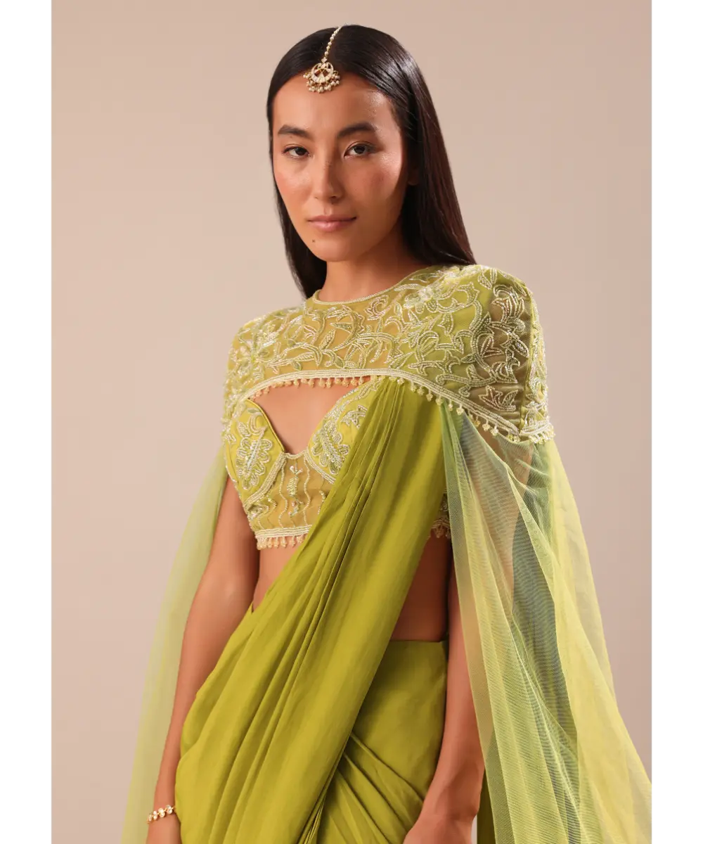 KALKI - Green Pre Stitched Saree With Blouse And Zardozi Draped Cape