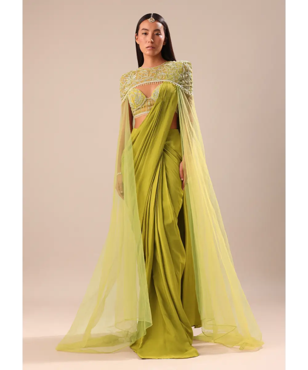 KALKI - Green Pre Stitched Saree With Blouse And Zardozi Draped Cape