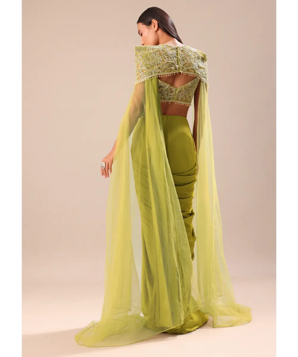 KALKI - Green Pre Stitched Saree With Blouse And Zardozi Draped Cape