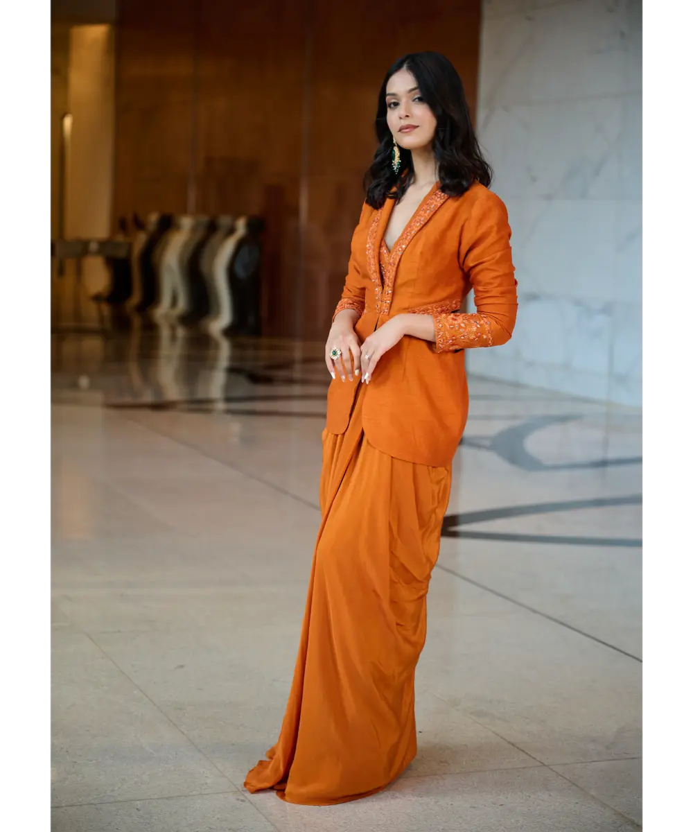 KALKI - Rust Organza Jacket With Bustier And Draped Skirt