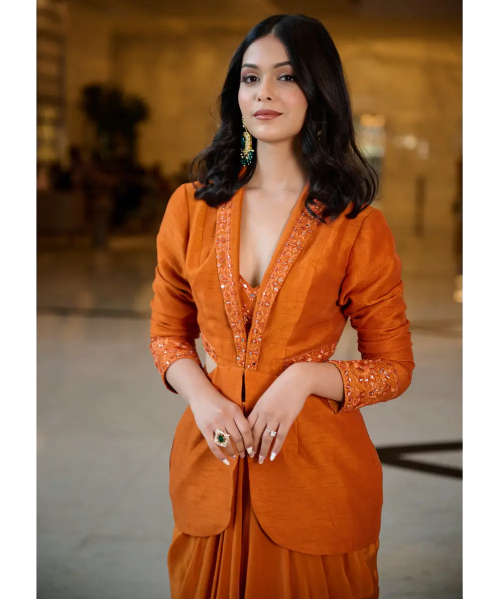 KALKI - Rust Organza Jacket With Bustier And Draped Skirt