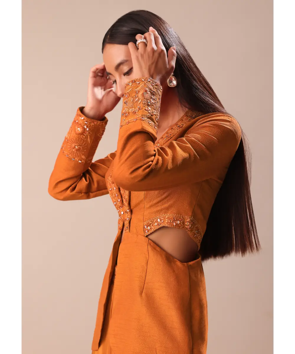 KALKI - Rust Organza Jacket With Bustier And Draped Skirt