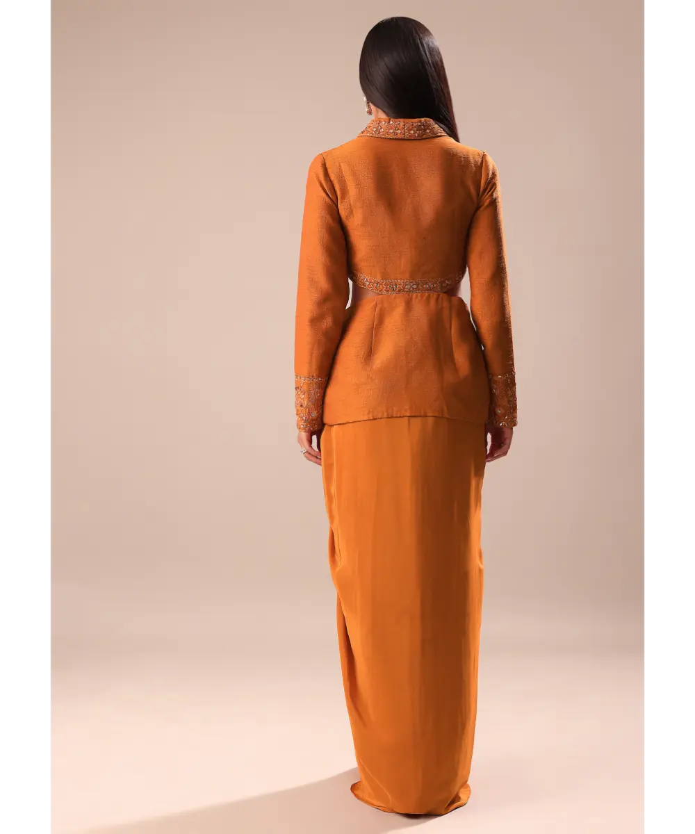 KALKI - Rust Organza Jacket With Bustier And Draped Skirt