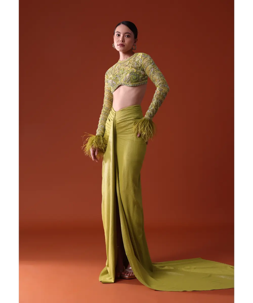 KALKI - Citrus Green Satin Net Draped Trail Skirt With Feather Embellished Bustier