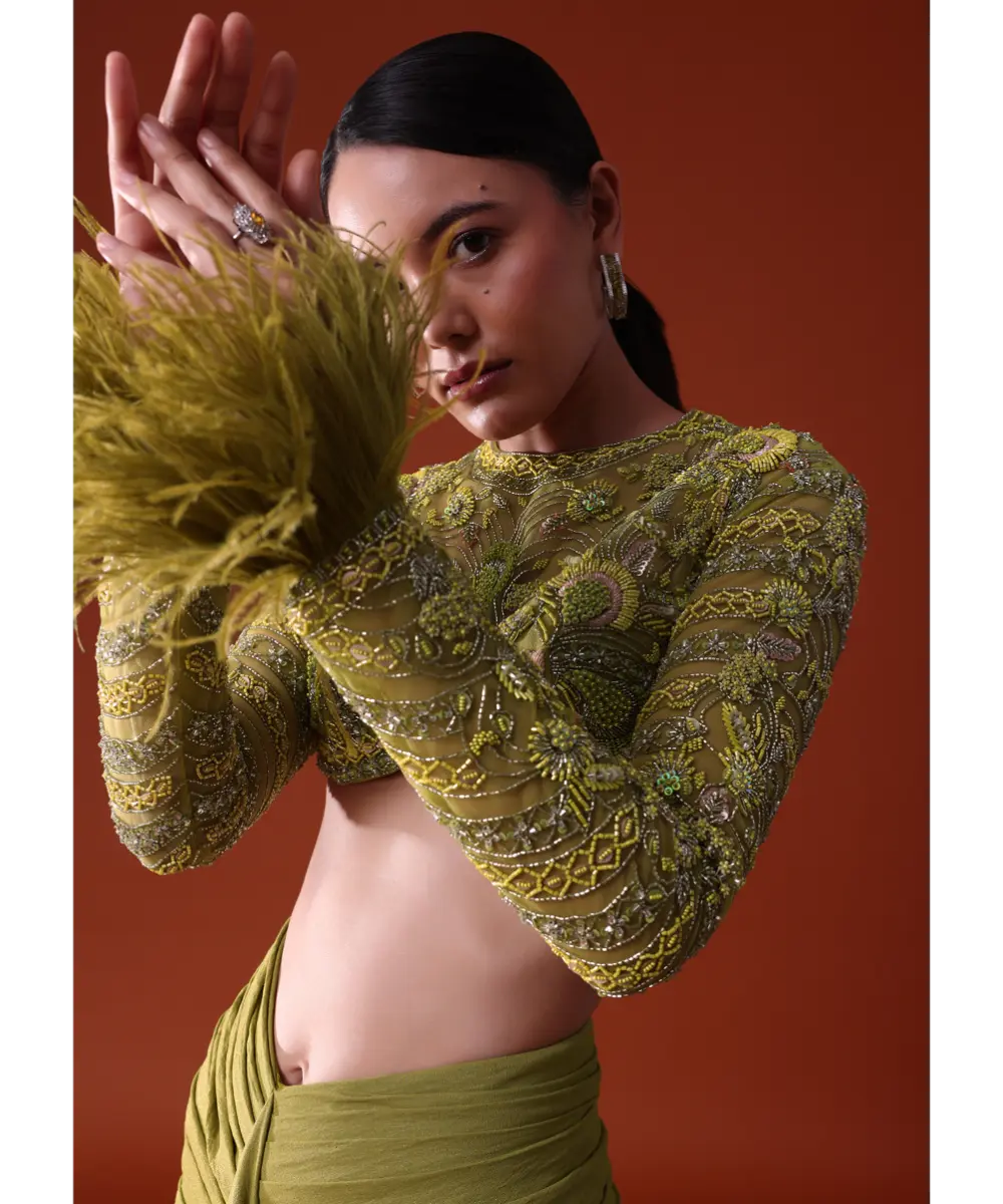 KALKI - Citrus Green Satin Net Draped Trail Skirt With Feather Embellished Bustier