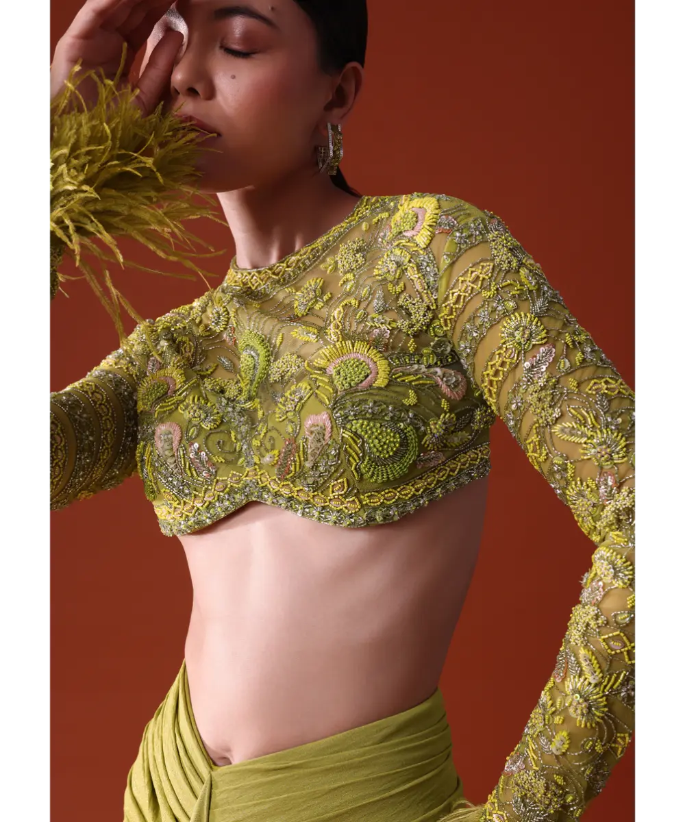 KALKI - Citrus Green Satin Net Draped Trail Skirt With Feather Embellished Bustier