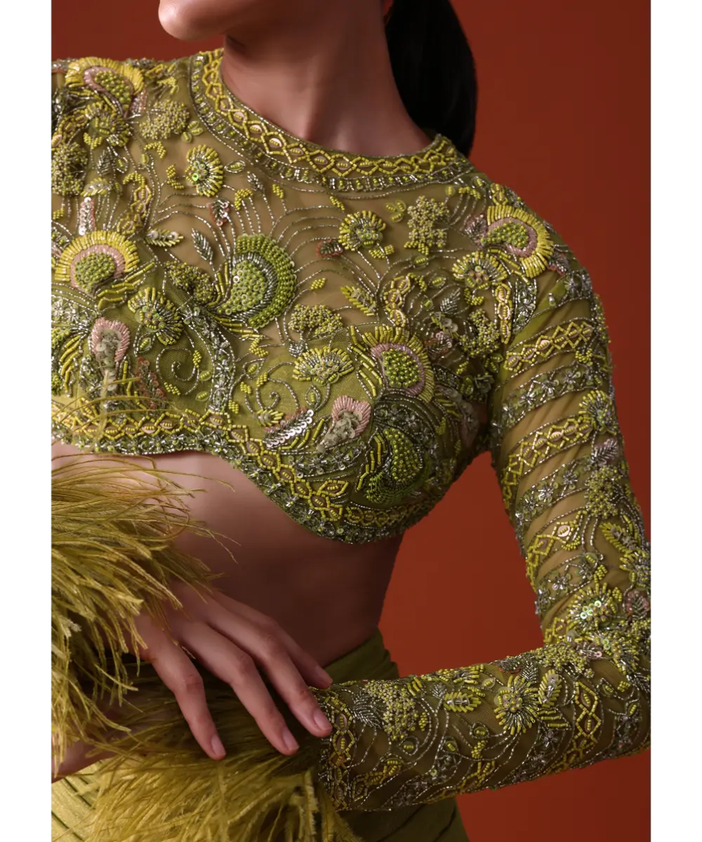 KALKI - Citrus Green Satin Net Draped Trail Skirt With Feather Embellished Bustier