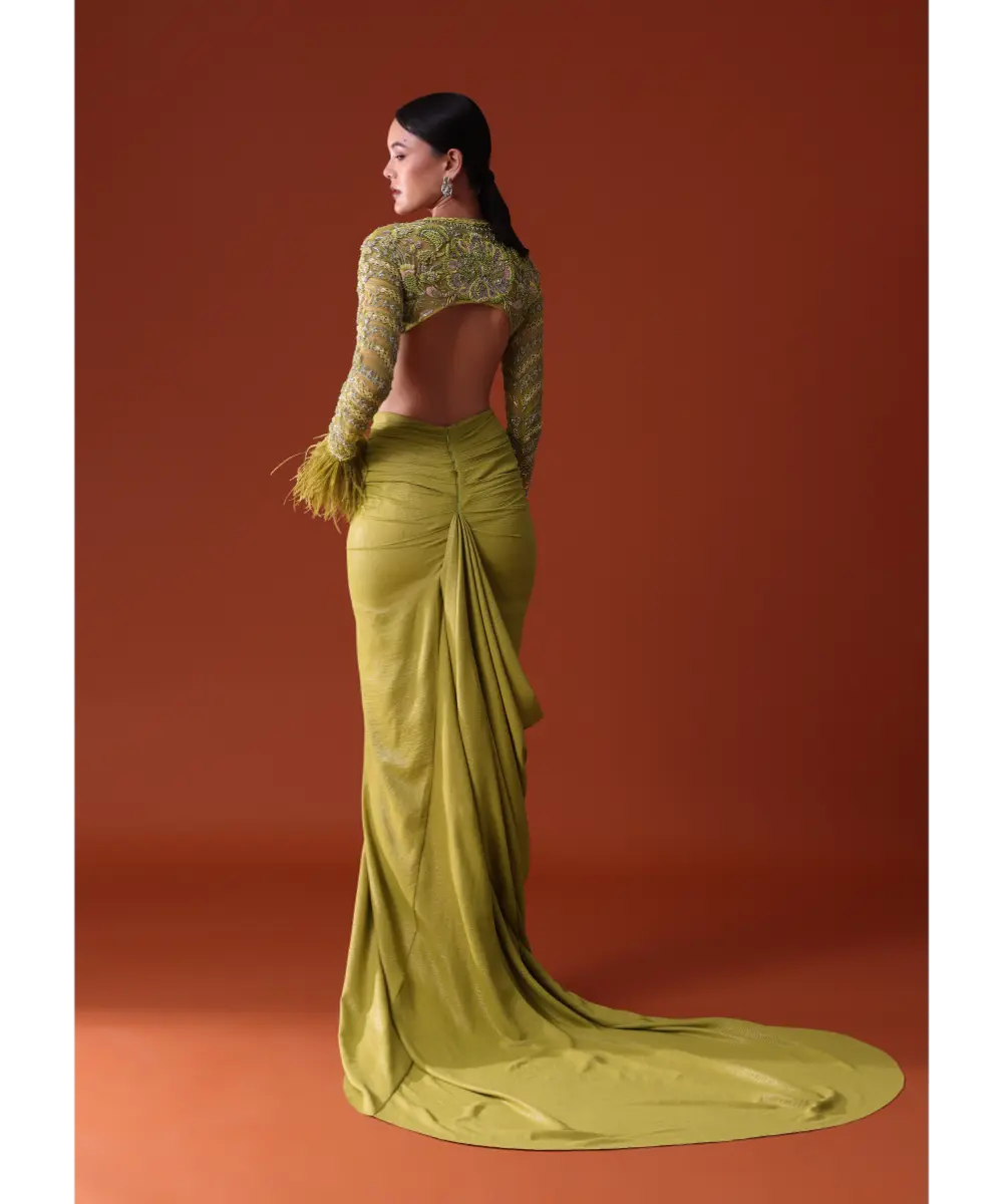 KALKI - Citrus Green Satin Net Draped Trail Skirt With Feather Embellished Bustier