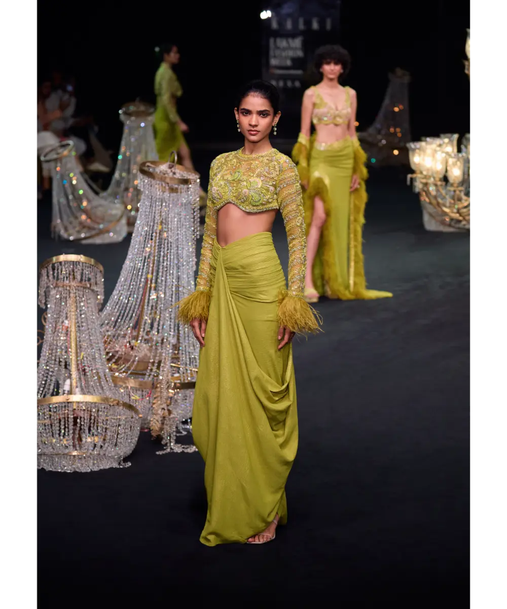 KALKI - Citrus Green Satin Net Draped Trail Skirt With Feather Embellished Bustier