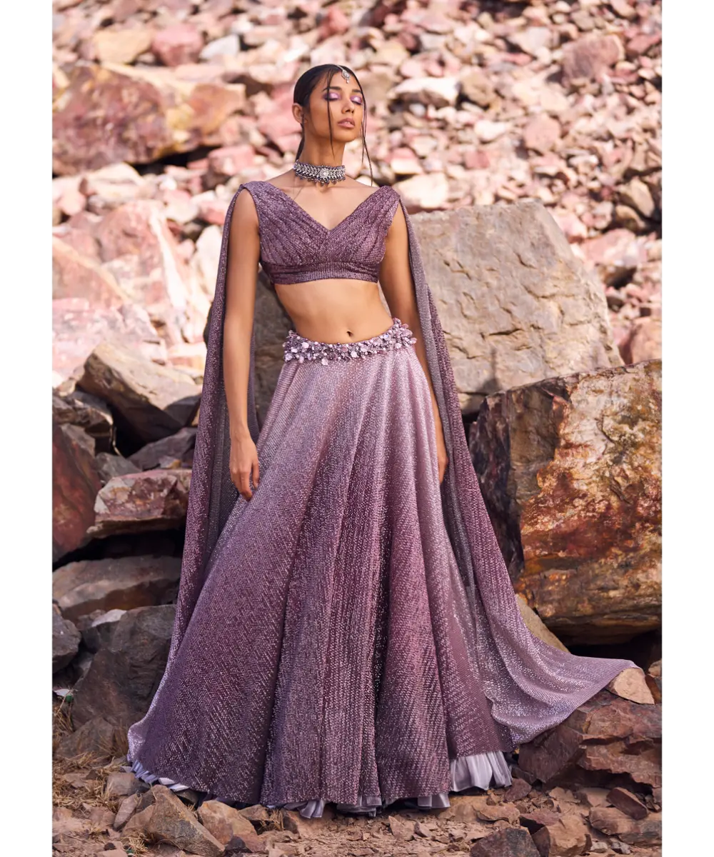 KALKI - Lilac Crushed Shimmer Lehenga With Blouse And Cape