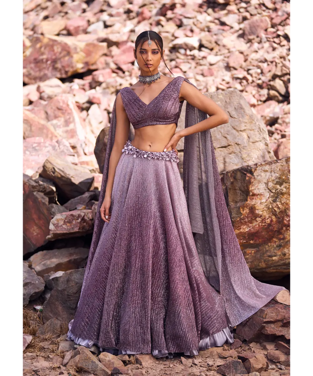 KALKI - Lilac Crushed Shimmer Lehenga With Blouse And Cape