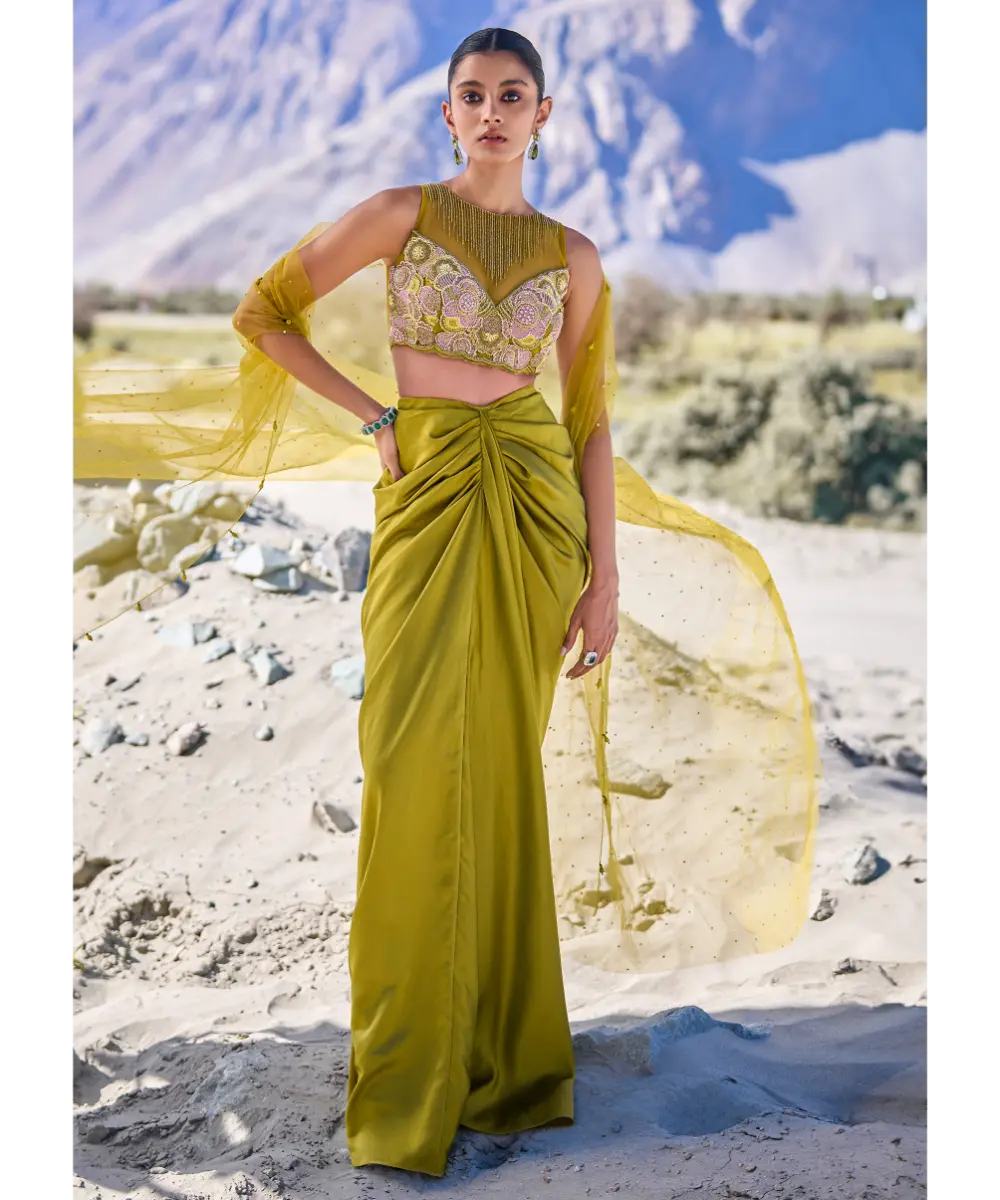 KALKI - Green Satin Drape Skirt With Embroidered Blouse And Net Cape