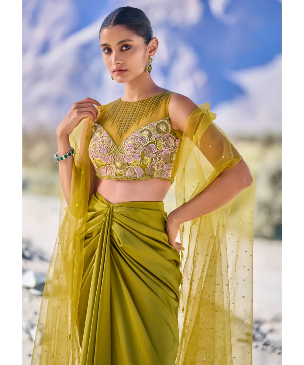 KALKI - Green Satin Drape Skirt With Embroidered Blouse And Net Cape