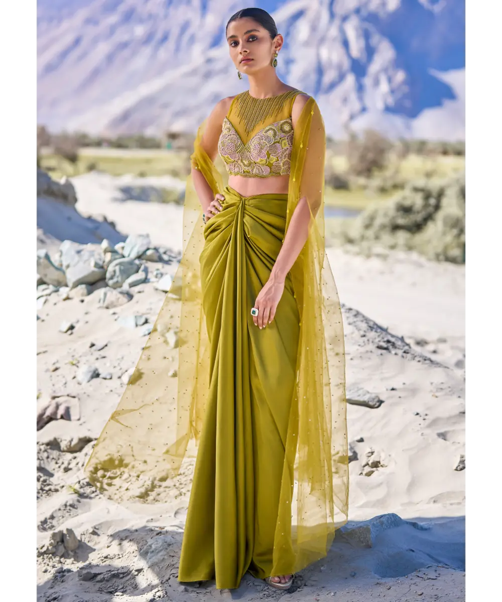 KALKI - Green Satin Drape Skirt With Embroidered Blouse And Net Cape