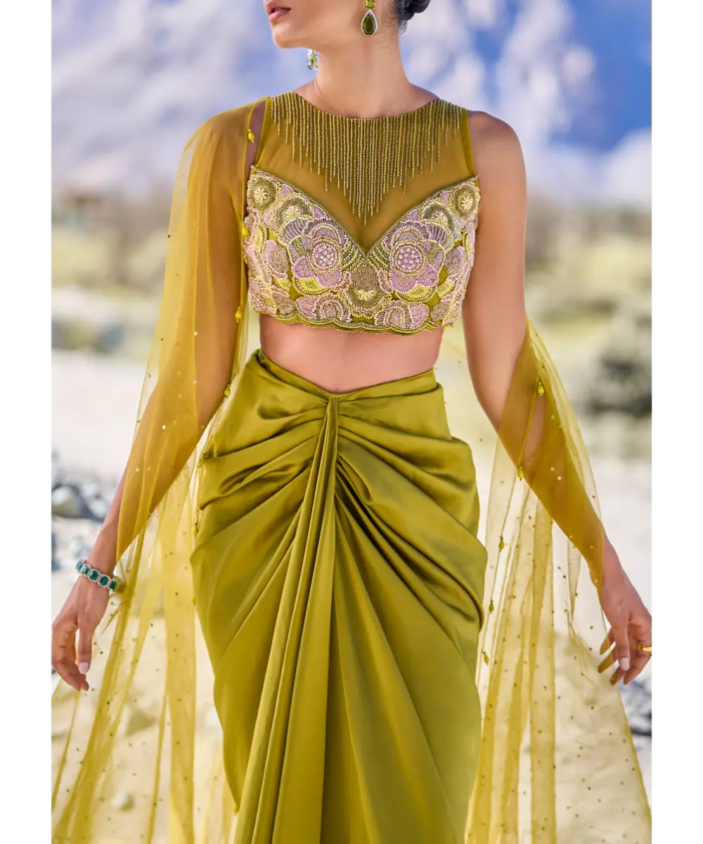 KALKI - Green Satin Drape Skirt With Embroidered Blouse And Net Cape