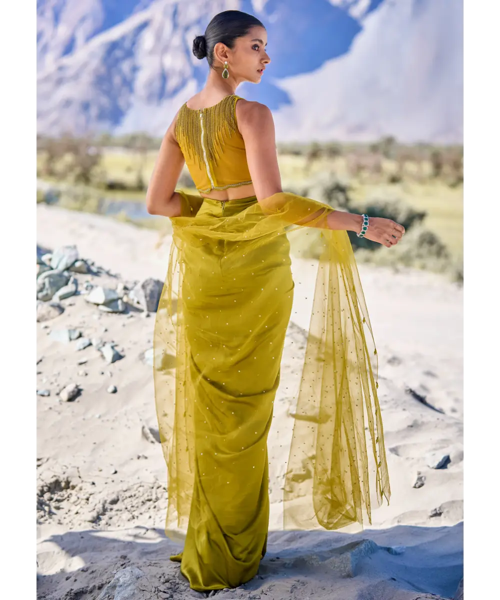 KALKI - Green Satin Drape Skirt With Embroidered Blouse And Net Cape