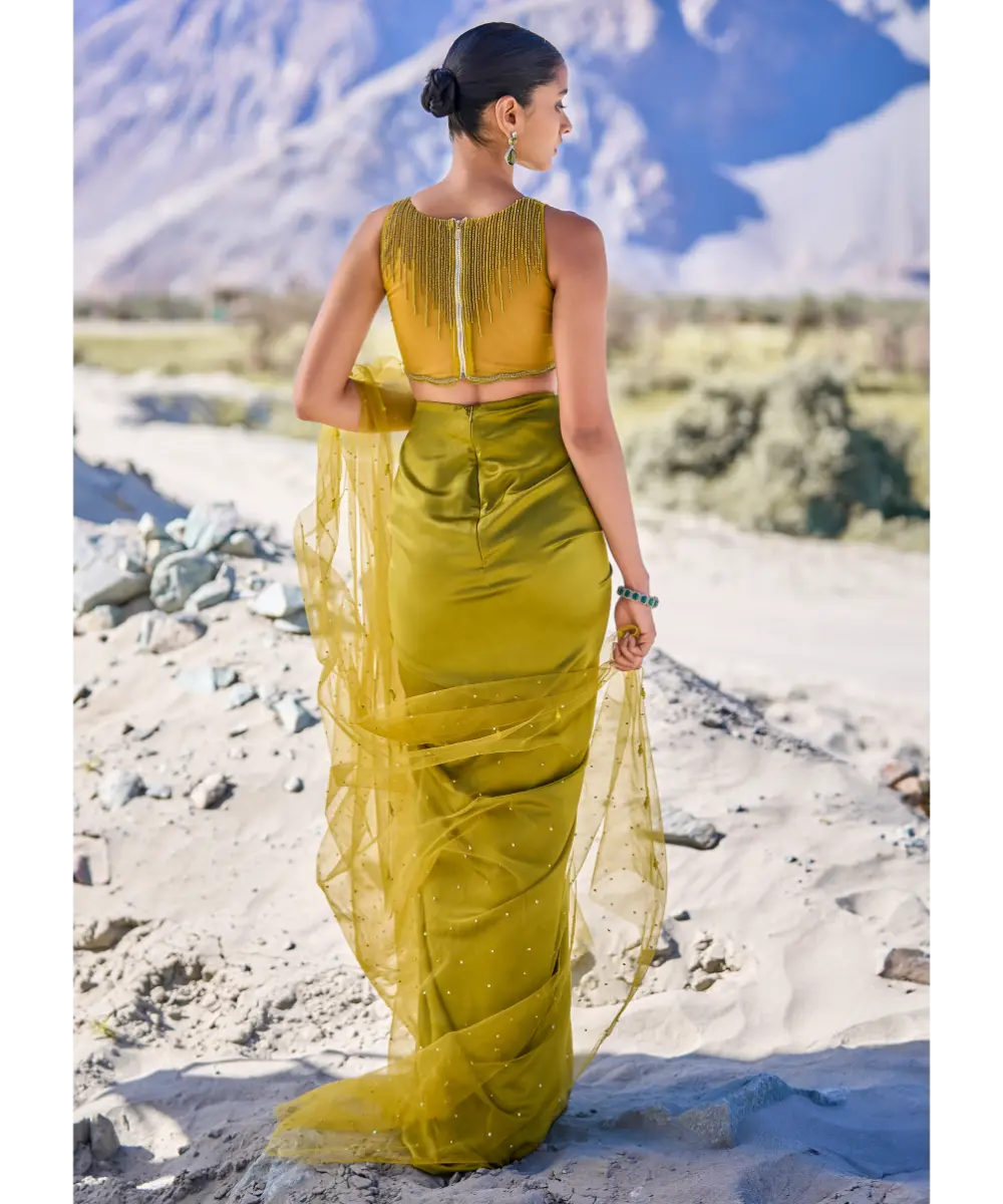 KALKI - Green Satin Drape Skirt With Embroidered Blouse And Net Cape