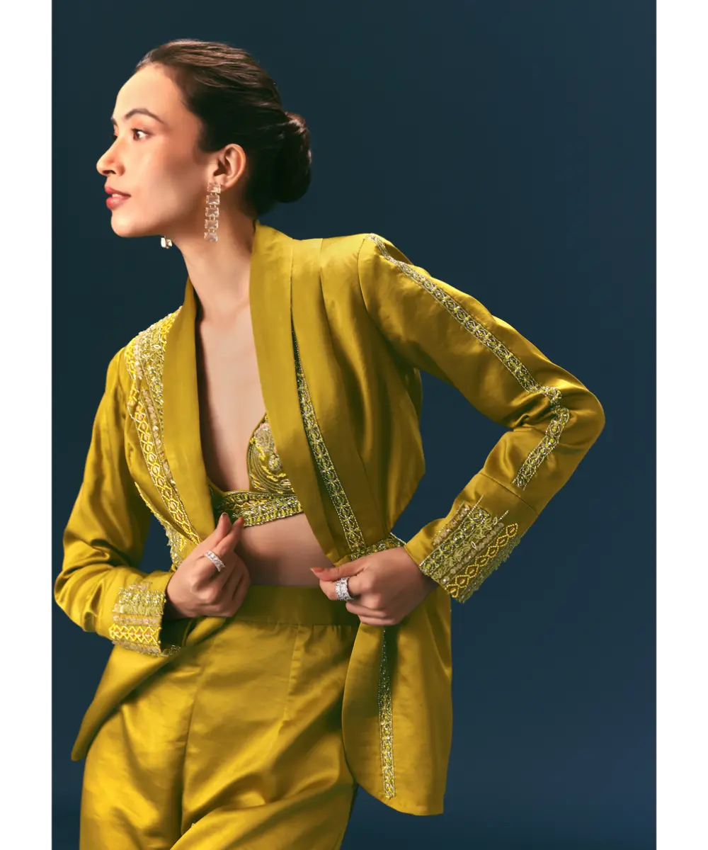 KALKI - Mehendi Green Hand Embroidered Blouse With Jacket And Bell Bottom Pants