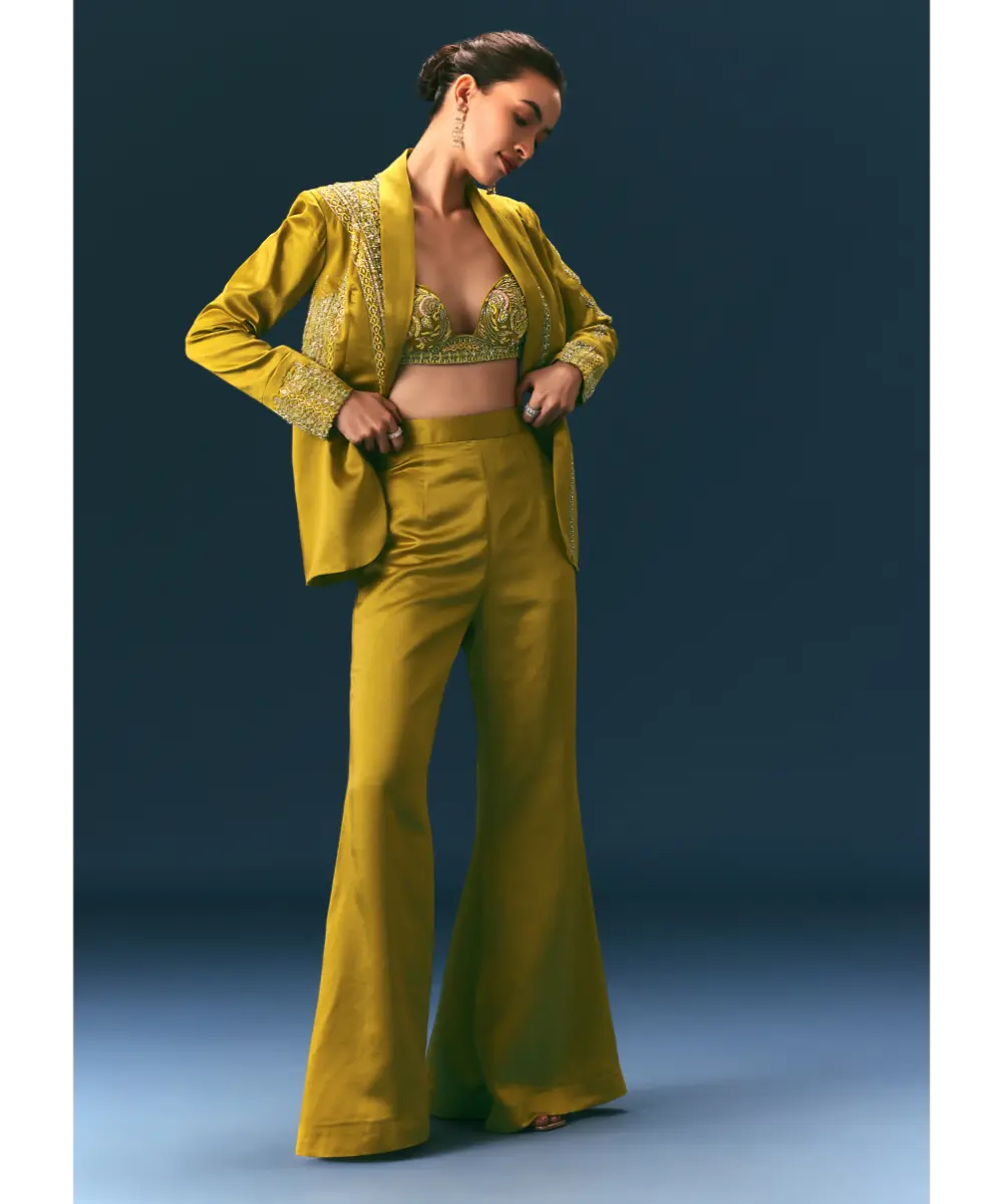 KALKI - Mehendi Green Hand Embroidered Blouse With Jacket And Bell Bottom Pants