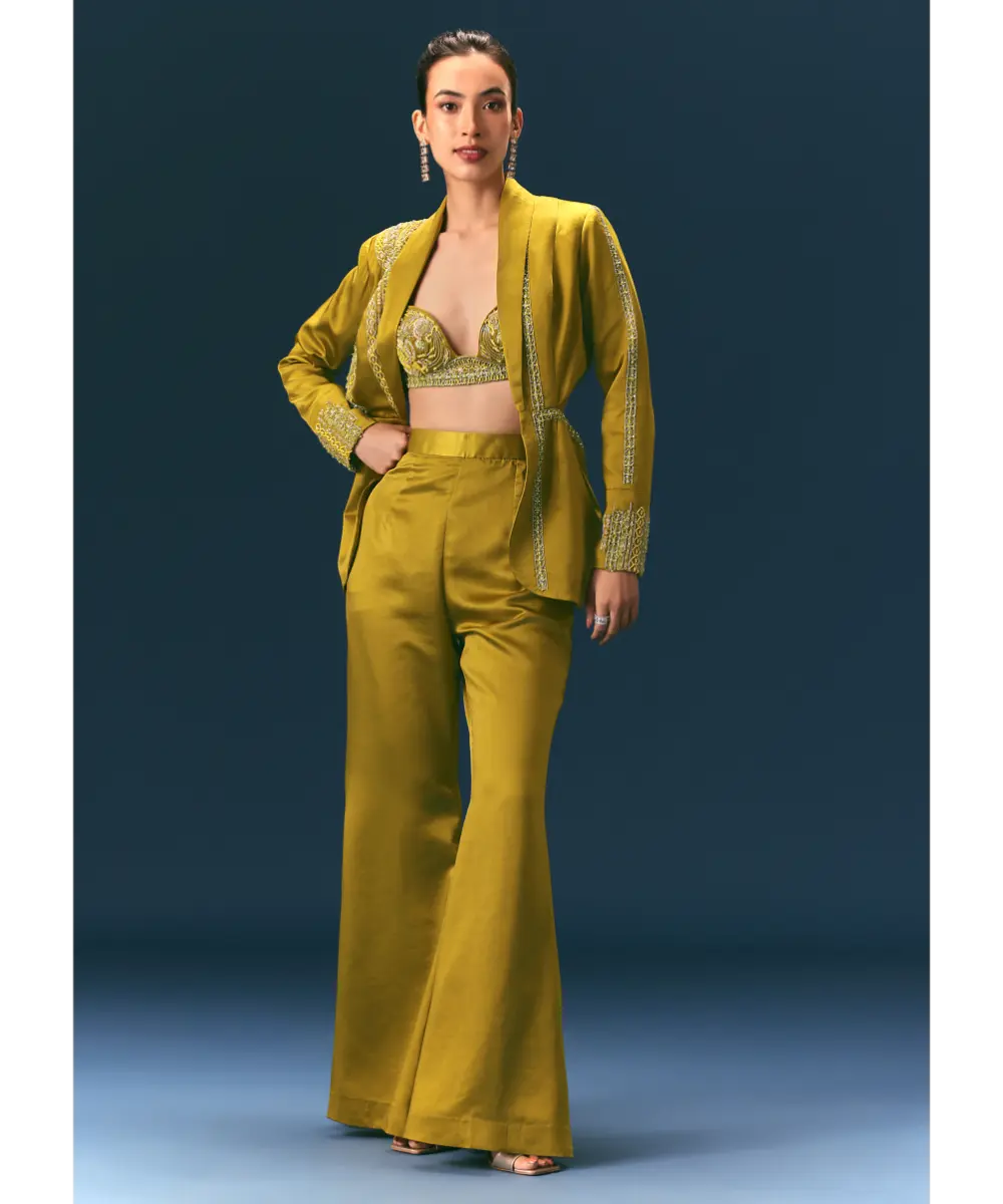 KALKI - Mehendi Green Hand Embroidered Blouse With Jacket And Bell Bottom Pants