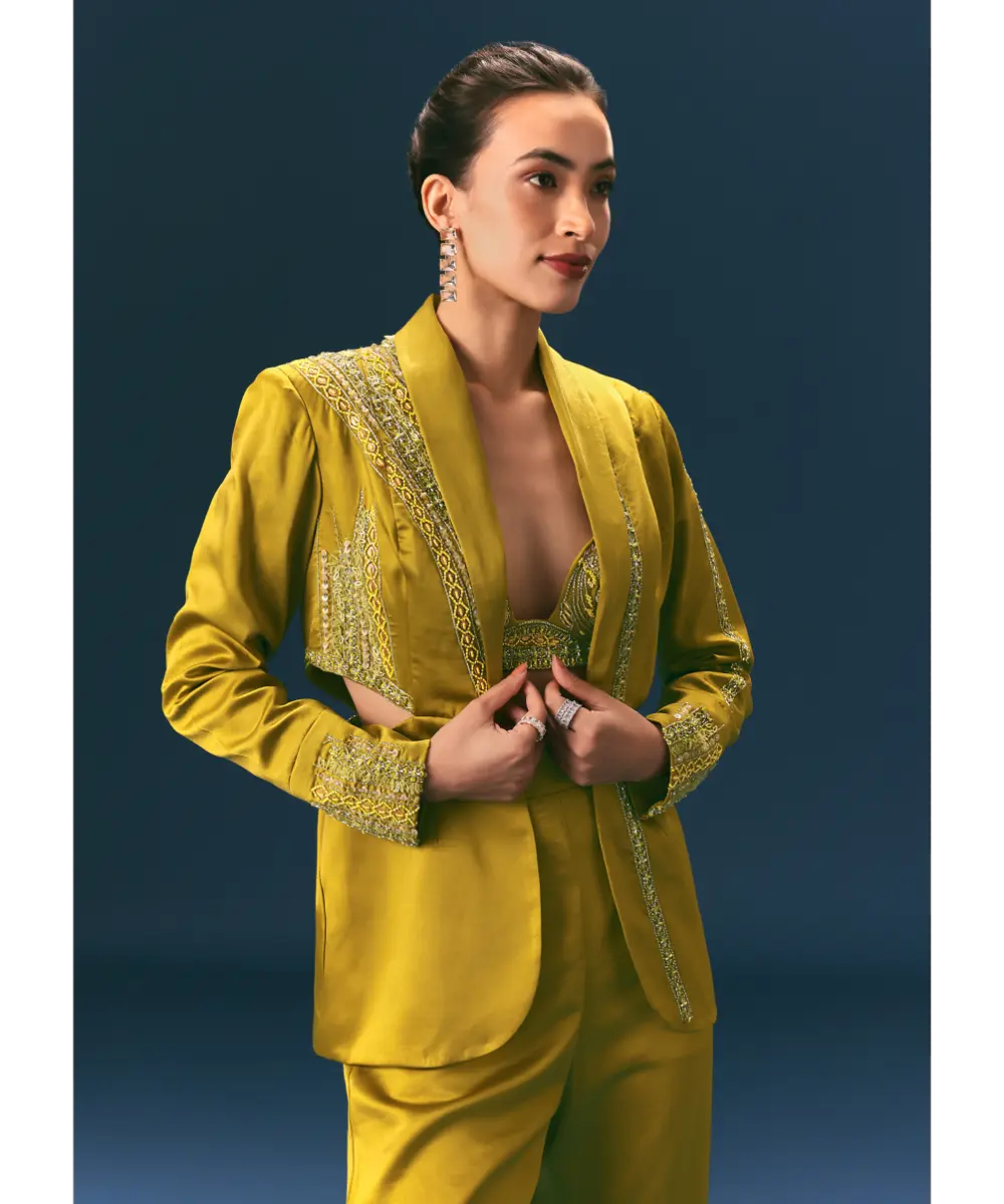 KALKI - Mehendi Green Hand Embroidered Blouse With Jacket And Bell Bottom Pants