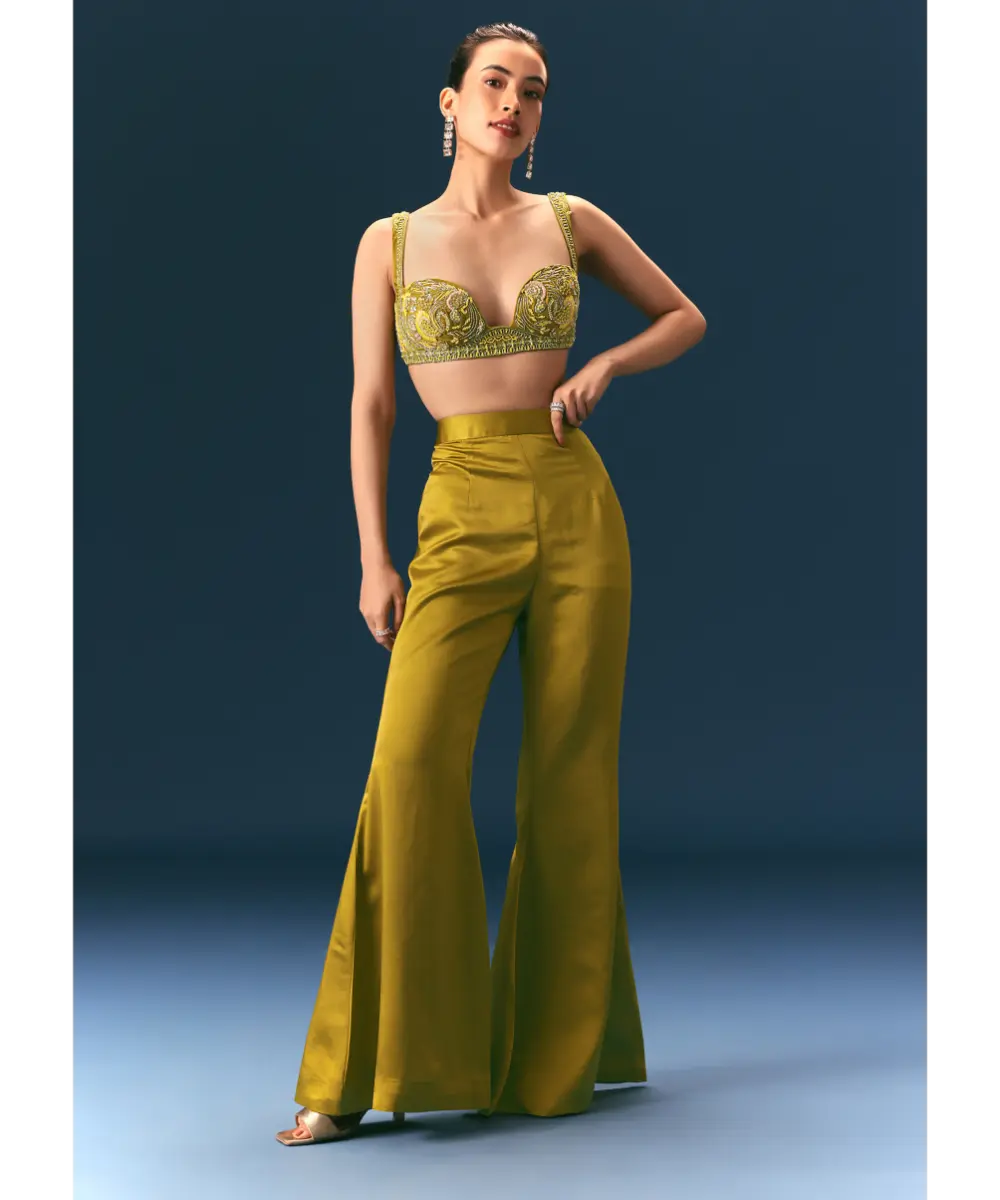 KALKI - Mehendi Green Hand Embroidered Blouse With Jacket And Bell Bottom Pants