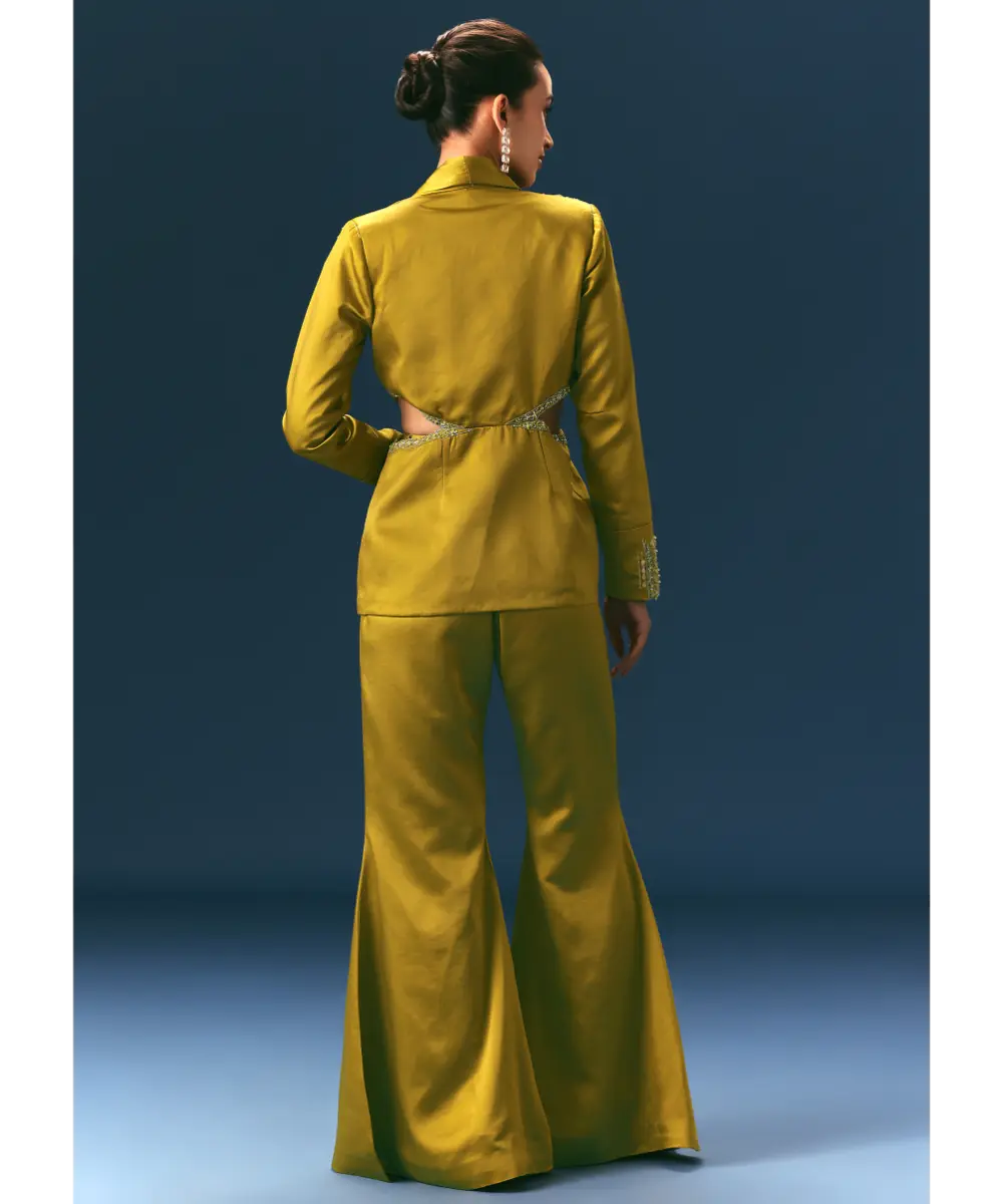 KALKI - Mehendi Green Hand Embroidered Blouse With Jacket And Bell Bottom Pants