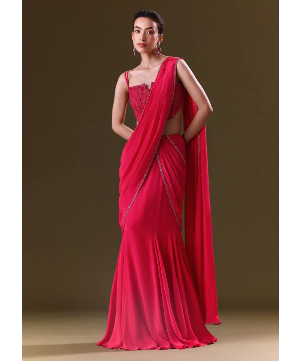 KALKI - Reddish Pink Pre Stitched Draped Saree With Corset Fit Embroidered Blouse