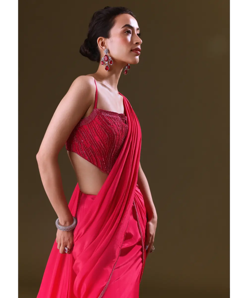 KALKI - Reddish Pink Pre Stitched Draped Saree With Corset Fit Embroidered Blouse