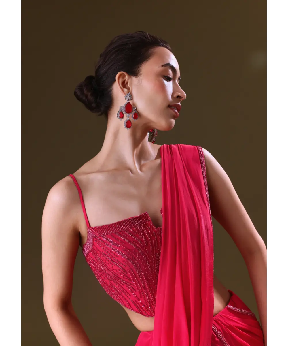 KALKI - Reddish Pink Pre Stitched Draped Saree With Corset Fit Embroidered Blouse