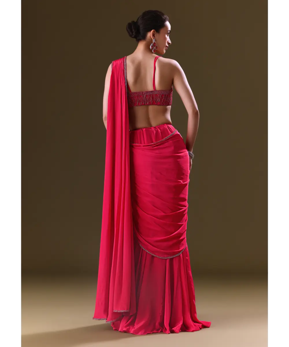 KALKI - Reddish Pink Pre Stitched Draped Saree With Corset Fit Embroidered Blouse