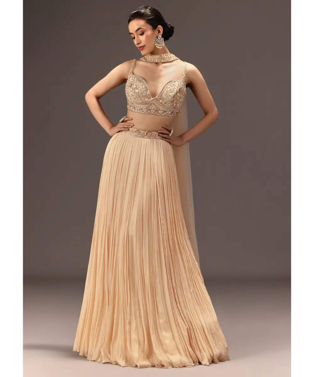 KALKI - Cream Ruched Lehenga Set With Hand Embroidery