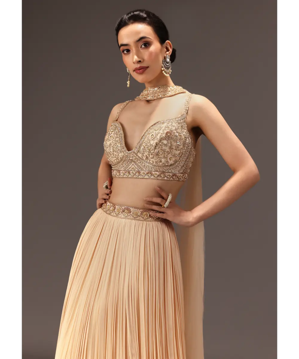 KALKI - Cream Ruched Lehenga Set With Hand Embroidery