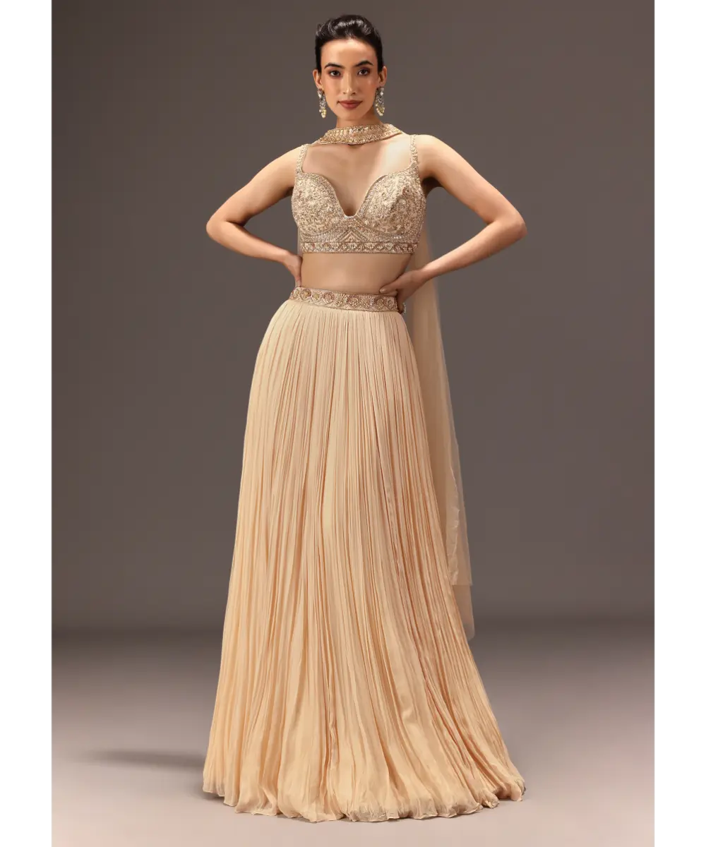 KALKI - Cream Ruched Lehenga Set With Hand Embroidery