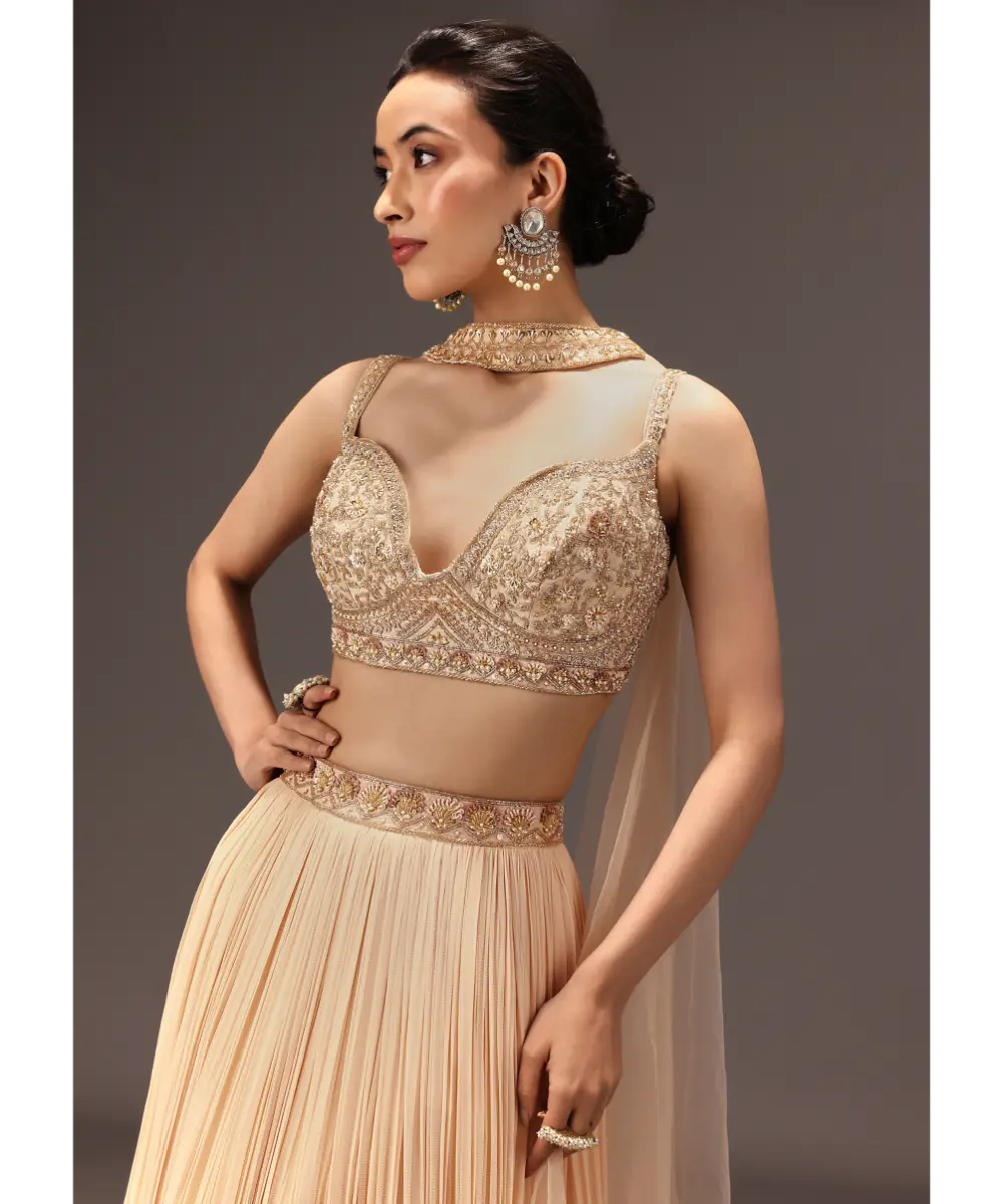 KALKI - Cream Ruched Lehenga Set With Hand Embroidery