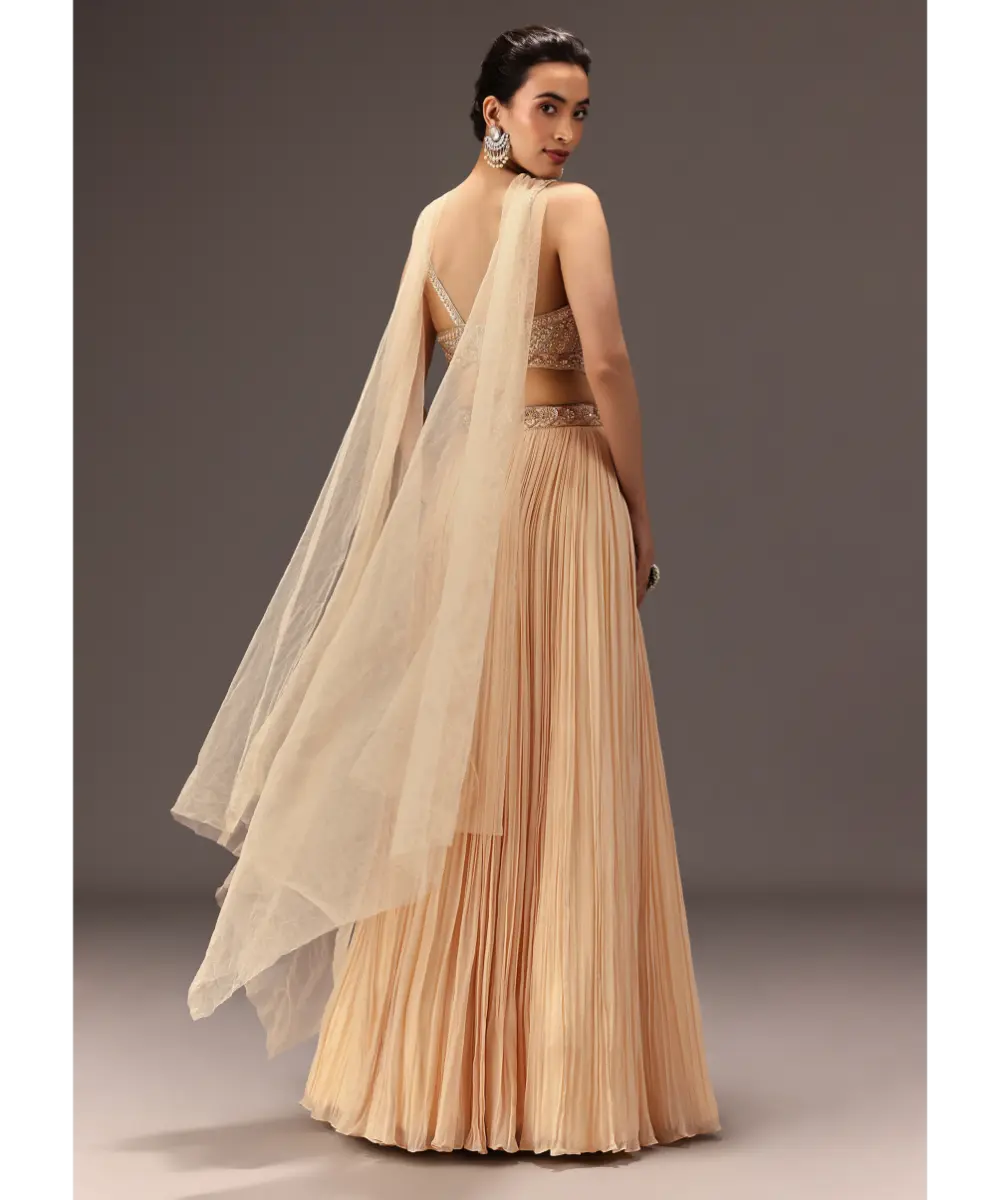 KALKI - Cream Ruched Lehenga Set With Hand Embroidery