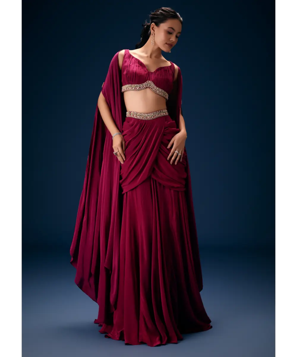 KALKI - Magenta Fish Cut Draped Skirt With Hand Embroidered Blouse And Choker Dupatta